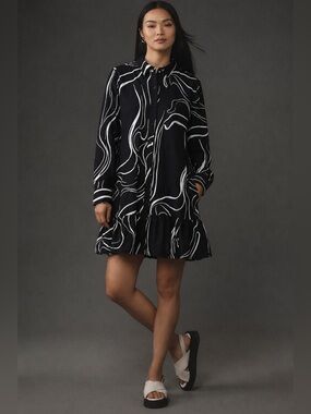 Nine West Button-Down Long-Sleeve Shirt Dress Scribble Print Art Deco Above Knee